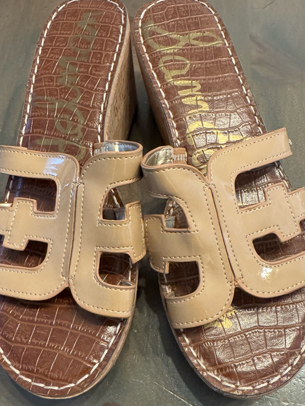 Sam Edelman Nude Patent Leather Slide Sandals with Croc-Embossed Footbed